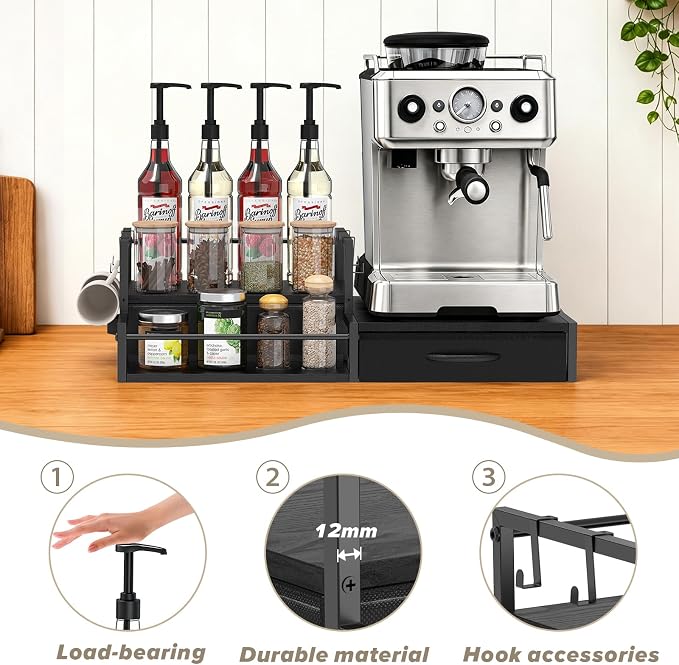 Coffee Syrup Organizer for Countertop, 2-Tier Coffee Bar Organizer with K Cup Storage Drawer, Syrup Rack Station for Accessories,Table Holder Stand for Wine,Tea,Condiment (Large, Classic Black)