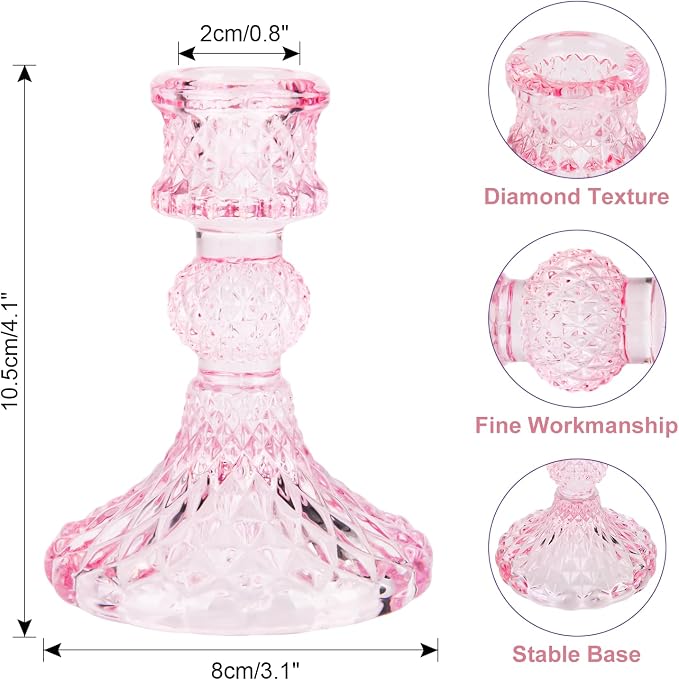 Glass Candle Holder, 2PCS Decorative Candle Sticks Pillar Candle Stand for Formal Events Wedding Party Table Centerpieces Home Decoration, Pink