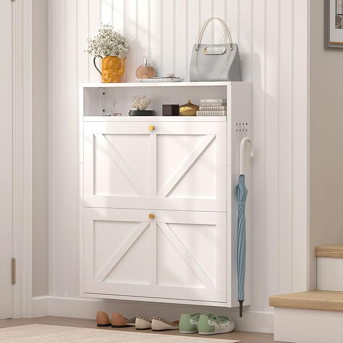 Shoe Storage Cabinet for Entryway, 2 Flip-Down Floating Hidden Shoe Rack, Ultra Slim Wall Mounted Steel Shoe Organizer for Small Spaces, Modern Front Door Shoe Storage, Anti-Tip, White