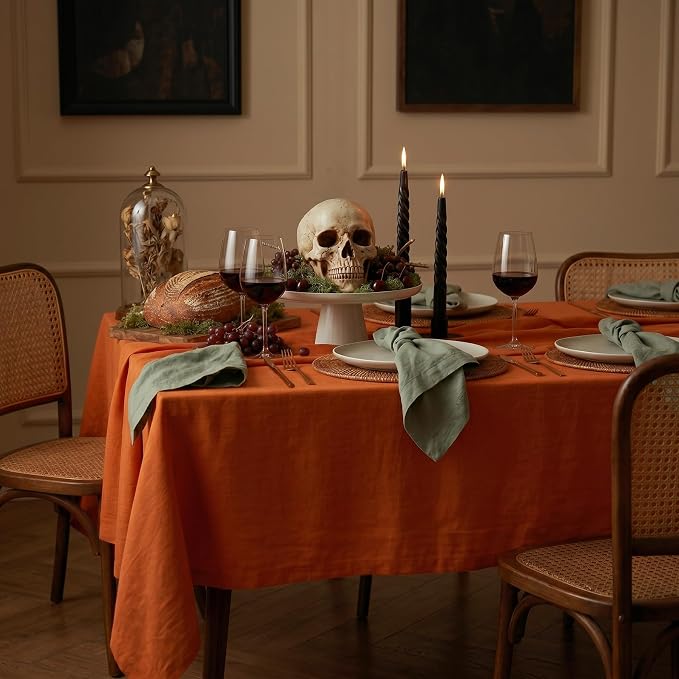 Solino Home Linen Tablecloth for Rectangle Tables 60 x 108 Inch - 100% Pure Linen Persimmon Orange Table Cloth - Fete, Machine Washable Cloth Tablecloth for Summer