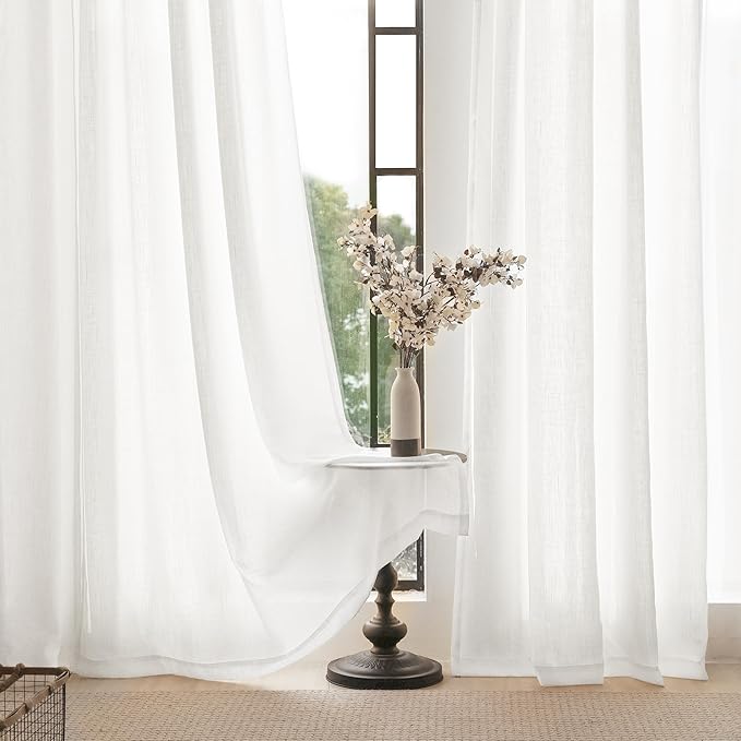 Linen White Curtains 84 inches Long for Bedroom Loop Pocket Privacy Light Filtering Semi Sheer White Boho Farmhouse Curtain Drapes Cotton Textured Modern Elegant Coastal Living Room Decor 42x84