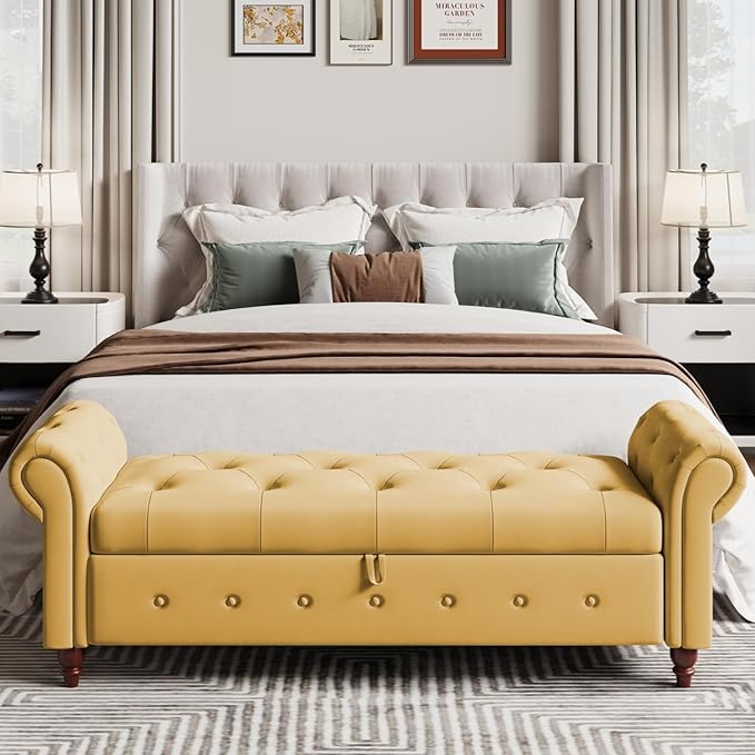 Modern 63'' Storage Ottoman Bench, Upholstered End Bed Bench with Curved Armrest, Button Tufted Entryway Bench with Wood Legs, Bed Bench for Bedroom, Living Room, Hallway (Yellow)