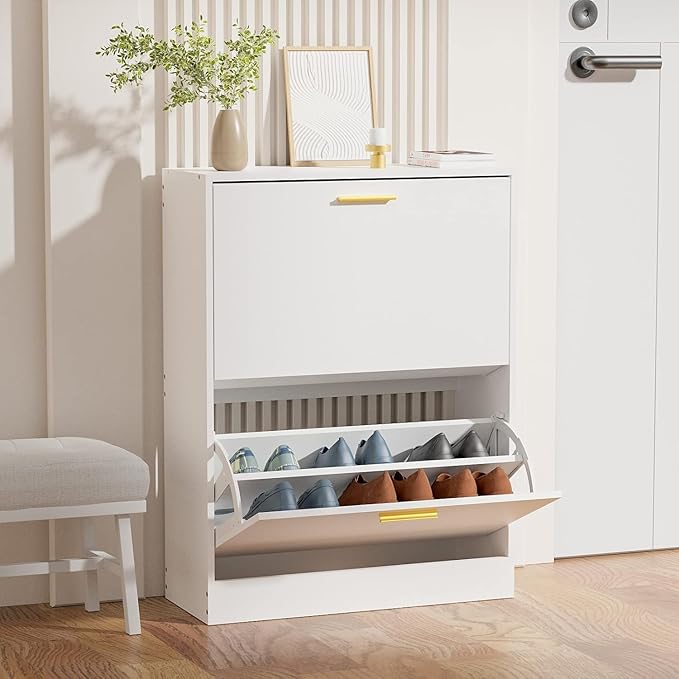 JOZZBY Shoe Cabinet Storage for Entryway, Slim White Hidden Shoe Organizer Cabinet with 2 Flip Drawers, Wooden Narrow Shoe Rack with 2 Tier Freestanding for Hallway, Living Room