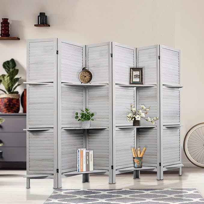 Room Divider with Shelves, Privacy Screen, Room Dividers and Folding Privacy Screens, 6 Panel Wood Temporary Wall Partition Separation Separator, Grey
