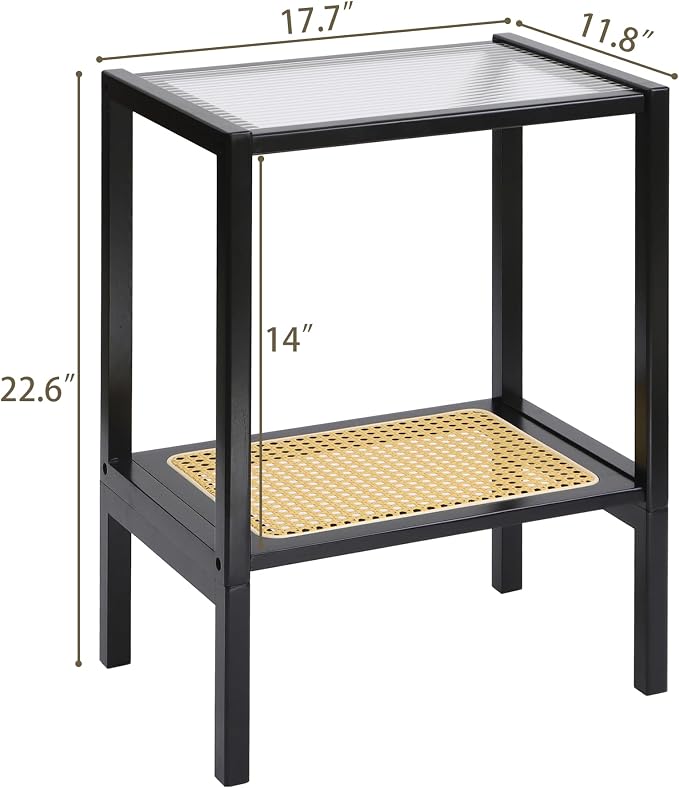 2-Tier Bamboo Side Table, Modern Glasstop Rattan Side Table, Mid Century Wood Sofa-Side End Tables for Living Room, Bedroom Night Stand with Storage, Small Narrow Coffee Tables, Black