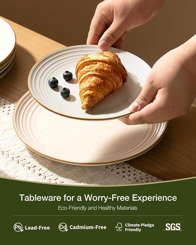 Famiware Jupiter 12-Piece Stoneware Dinnerware Set for 4, Handcrafted Plates and Bowls with Speckles & Embossed Swirls, Chip/Scratch Resistant, Microwave/Dishwasher Safe, Modern Dishes, Multi-color