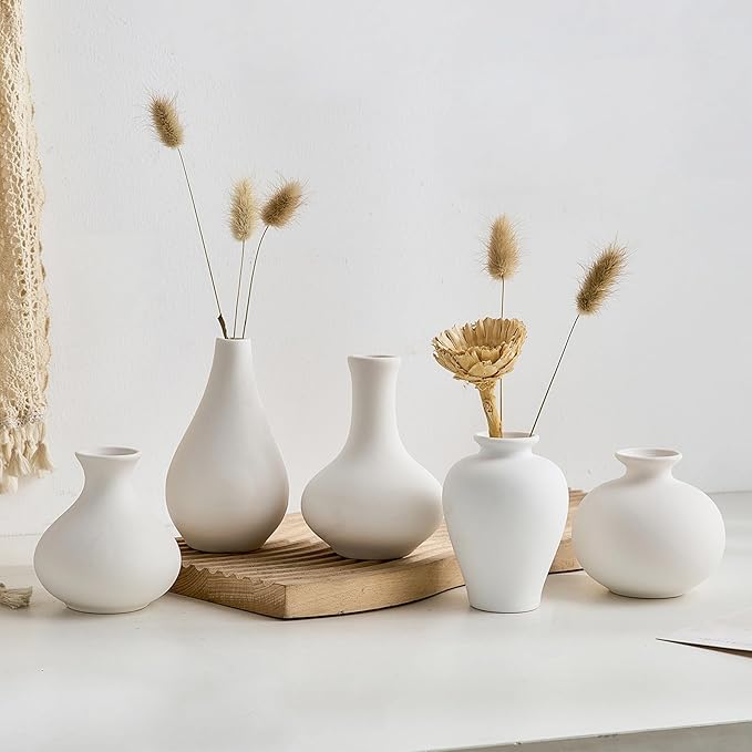 AWNR Bud Vases Home Decor: 5pcs Small Vases for Flowers White Ceramic Vase Centerpiece Table Decorations Minimalist Vases Bulk for Dining Room Kitchen