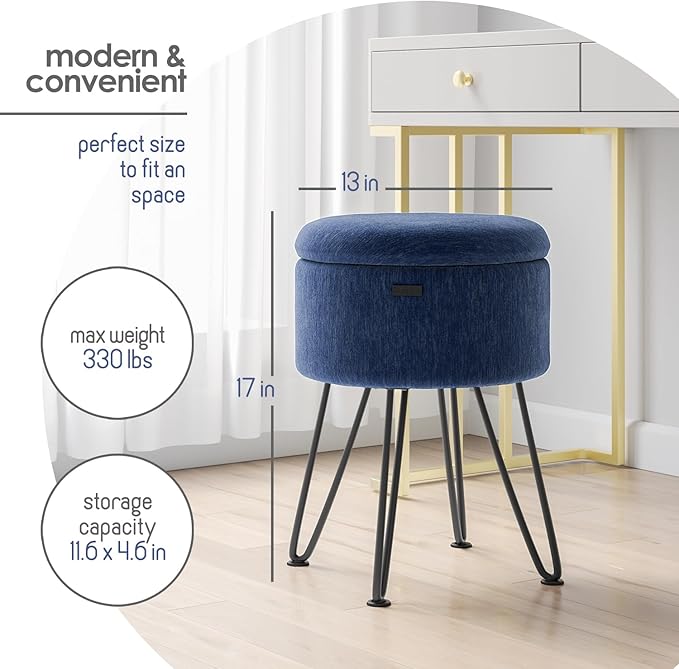 Round Ottoman with Storage, Textured Velvet Storage Ottoman, Foot Stool Ottomans, Makeup Vanity Stool, Small Ottomans Foot Rest, Modern Vanity Stools for Living Room and Bedroom, Blue