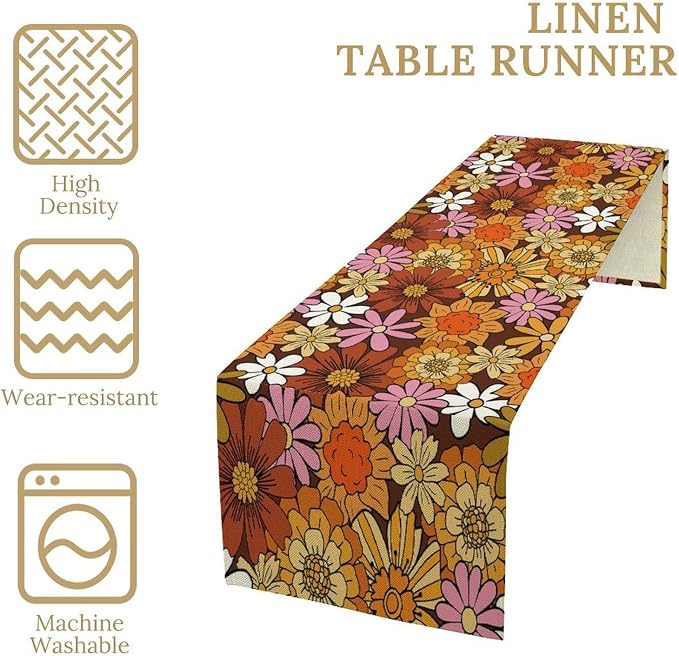 Retro 70s Floral Table Runner Hippie Summer Groovy Boho 60s Flower Dinner Runner for Home Kitchen Dining Table Party Decor 13"x108"