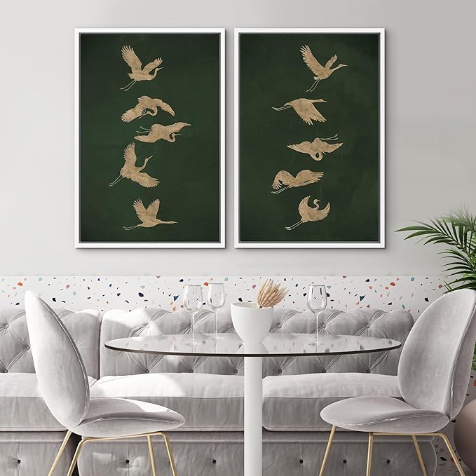 SIGNWIN Framed Canvas Print Wall Art Set Golden Cranes in Flight on Deep Green Illustrations Modern Art Rustic Colorful Ultra for Living Room, Bedroom, Office - 24"x36"x2 White