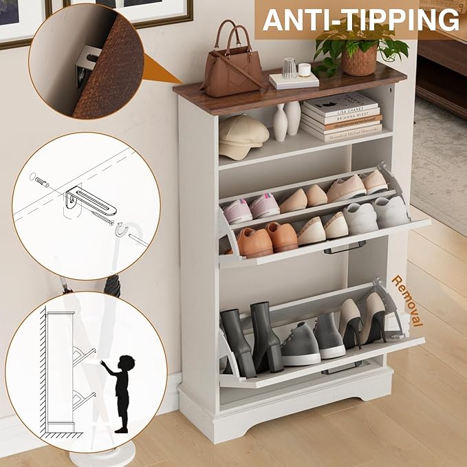 Shoe Storage Cabinet with 2 Flip Drawers, 24" W Farmhouse Modern Hidden Shoes Rack Cabinet with Adjustable Shelves & Open Storage, Narrow Slim Shoe Organizer for Entryway, Hallway, Antique White