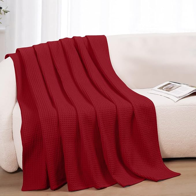 100% Cotton Blankets for Bed - Waffle Weave Blankets for Summer, Lightweight and Breathable Soft Woven Blanket for Spring (RED, Twin (60" x 90"))