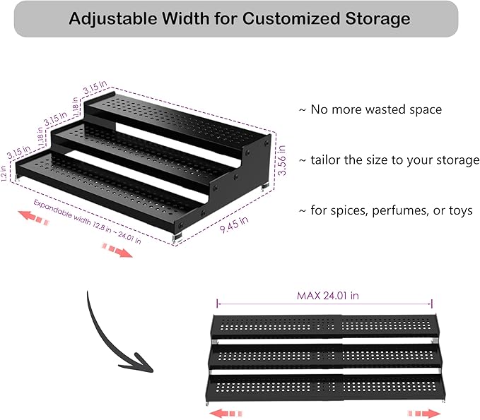 Expandable 3-Tier Metal Spice Rack, Heavy Duty Kitchen Step Shelf Organizer for Cabinet, Pantry & Countertop, Non-Slip Storage for Spices, Perfumes & Collectible Figures(BLACK,2PACK)