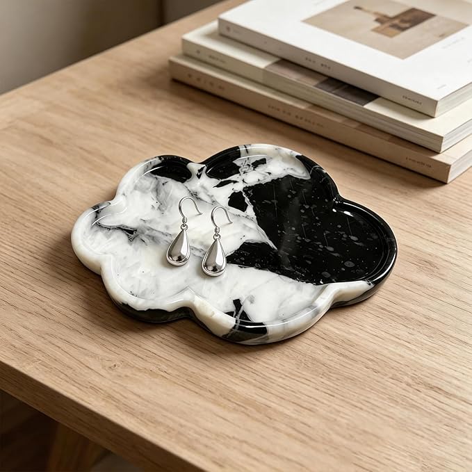 Natural Marble Tray Cloud Shape Vanity Trays, Jewelry Trays Holder Dish for Bathroom Countertop Home Decor Gift Black-White