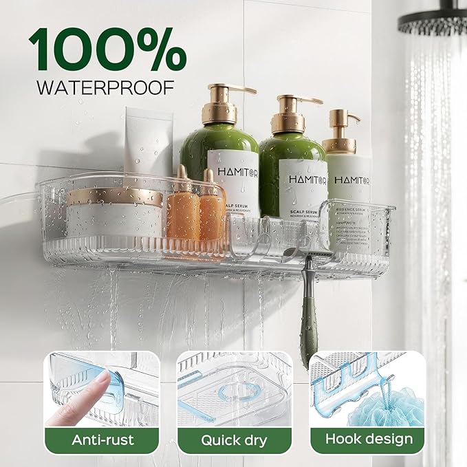 HAMITOR Adhesive Shower Caddy for Bathroom：2 Pack Clear Bath Shelves No Drilling for Modern Renters & Home Decor - Rustproof Acrylic Shower Organizer for Bathroom Storage