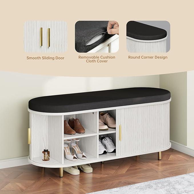 Entryway Bench with Storage: 43.31" Wooden Bedroom Shoe Bench with Thickened Padded Seat Cushion, Mid Century Modern Fluted Sliding Door and Adjustable Shelf, for Entryway, Living Room
