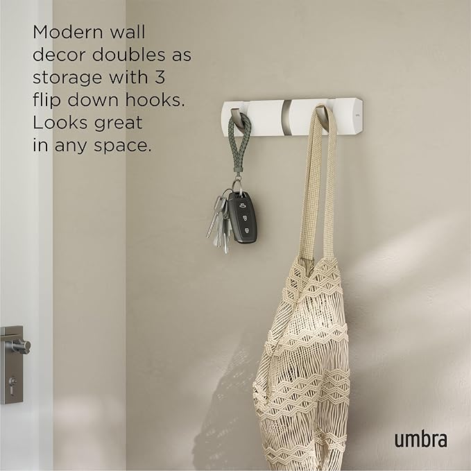 Umbra Flip Wall-Mounted Coat Rack with 3 Hooks – Modern, Space-Saving Storage for Hats, Jackets, Bags, Entryway, Mudroom, Closet, Bathroom, Bedroom – White/Nickel