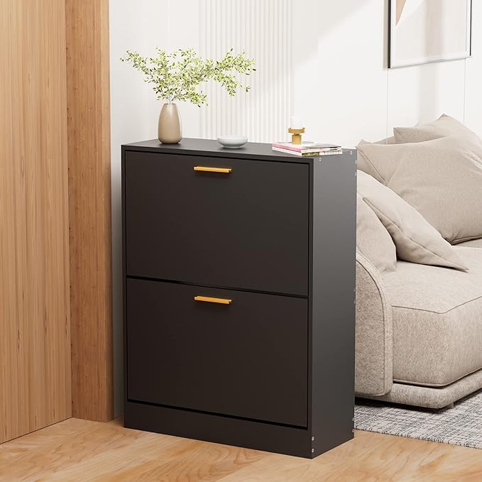 JOZZBY Shoe Cabinet for Entryway, Narrow Shoe Storage Cabinet with 2 Flip Drawers, Wooden Hidden Shoe Rack Organizer with 2 Tier Freestanding for Hallway, Living Room, Set of 2, Black