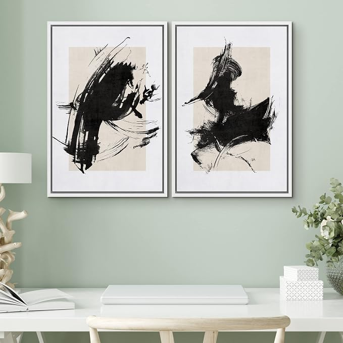 SIGNWIN Framed Canvas Print Wall Art Set Black Ink Paint Stroke & Brown Square Abstract Geometric Illustrations Graffiti & Street Art Modern Art for Living Room, Bedroom, Office - 24"x36"x2 White