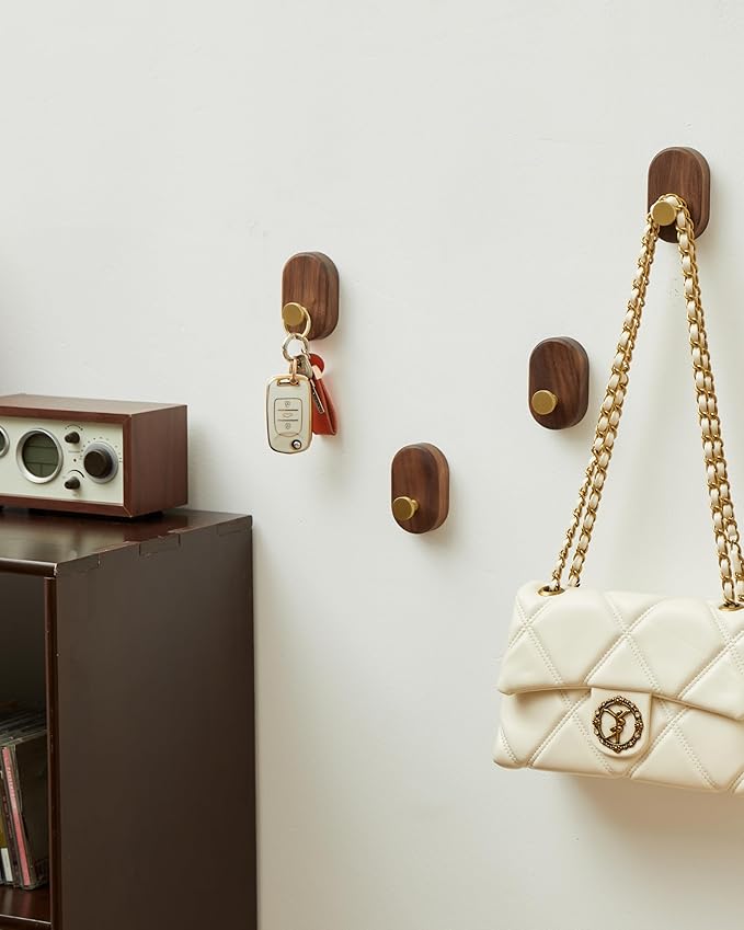 Wood Coat Hooks Wall Mount - Modern Walnut Coat Hook with Bronze Accent for Hanging Clothes,Keys,Purse,Robes,Towel,Backpacks, Single Brass Wall Hooks Heavy Duty for Entryway, Closet, Bathroom (4 Pack)