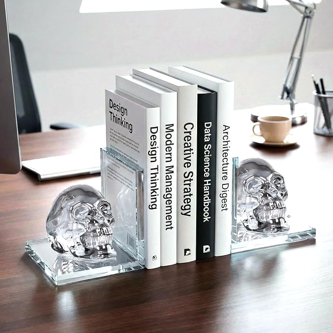 Skull Bookends Set of 2 – L Shaped Crystal Skull Decorative Bookends, Heavy Duty Non-Slip Book Ends for Shelves, Office and Home Decor