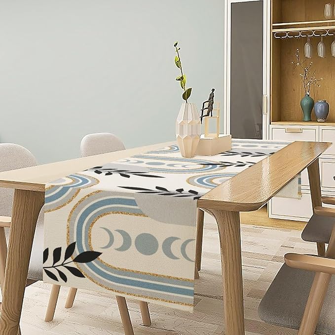 YCness Boho Mid Century Abstract Table Runner Modern Sun Moon Phase Minimalist Aesthetic Leaves Arch Geometric Table Runner for Dining Party Table Decor, 13x90 Inch Grey