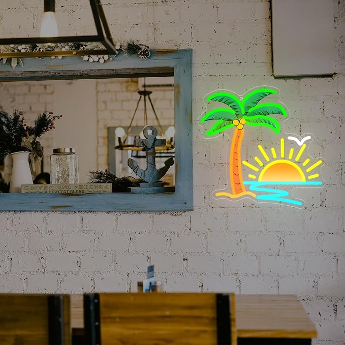 Tropical Neon Sign for Wall Decor, 13.5 x 13 Inch Palm Tree Sunset Neon Light, Dimmable USB Powered Coconut Tree LED Sign for Tiki Bar Hawaii Club Bedroom Bar Beach Theme Restaurant Party Decor