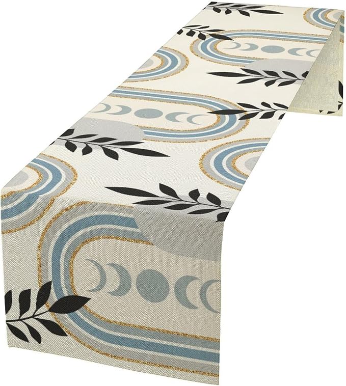 YCness Boho Mid Century Abstract Table Runner Modern Sun Moon Phase Minimalist Aesthetic Leaves Arch Geometric Table Runner for Dining Party Table Decor, 13x90 Inch Grey