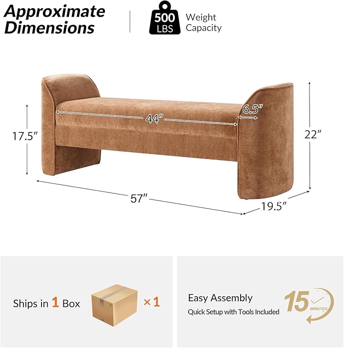 HULALA HOME 57" Modern Chenille Bench with Thick Padded Seat, Upholstered End of Bed Bench for Bedroom, Entryway & Living Room Seating, Caramel