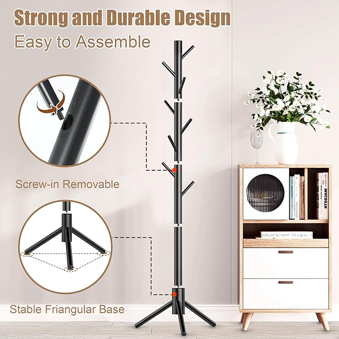 Aliphon Wooden Coat Rack Stand, Freestanding Coat Rack with 8 Hooks, 3 Adjustable Size Coat Tree for Hats, Coats, Scarves bags, Coat Hanger Stand Used in Bedroom/Office/Entryway,2 PCS (Black)