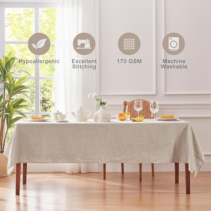 TOSMO 100% French Linen Tablecloth, Washable Farmhouse Rectangle Table Cloth for Kitchen, Dining, Party, Cocktail, Indoor and Outdoor Daily Use(52''x70'',Natural Linen)