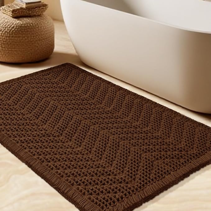Waffle Bath Mat, Boho Woven Modern Bath Rug Absorbent Non Slip, Ultra Soft Bathroom Mats, Machine Washable Knit Bath Rugs with Herringbones for Bathroom, Bedroom, Kitchen, Shower, Tub, 32"x20", Brown