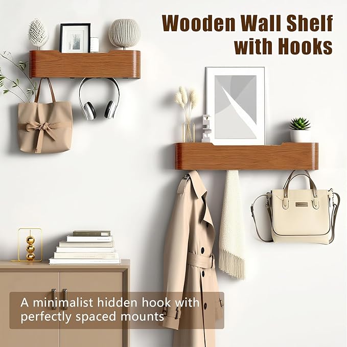 Coat Rack Wall Mount with Hidden Hooks, Wall Hooks with Shelf, Wall Key Holder Mount Wooden Shelf Entryway Hooks for Bedroom Bathroom for Hanging Coats Hats Bags Towels (Walnut, 4 Hooks)