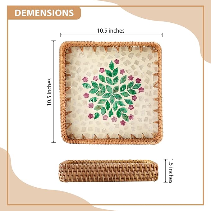 1 pcs Rectangle Rattan Serving Tray with Mother of Pearl Inlay, Decorative Wicker Tray for Coffee, Bread, Fruits, Elegant Table Decor for Living Room & Dining Room