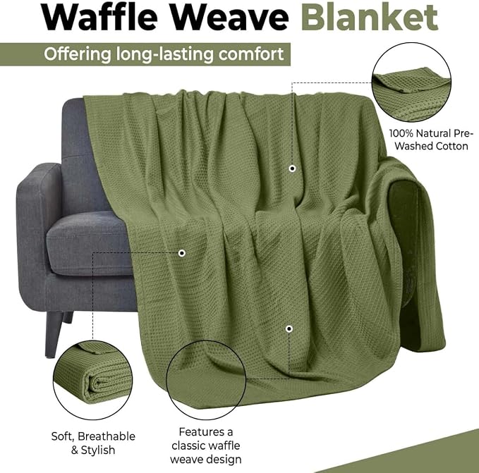 100% Cotton Blankets for Bed - Waffle Weave Blankets for Summer, Lightweight and Breathable Soft Woven Blanket for Spring (Olive Green, King (90" x 108"))