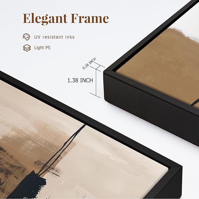 SAFERRYHOME Neutral Abstract Black and Tan Brown Wall Art Framed Canvas Prints, Mid-Century Minimalist Modern Decor Large Artwork for Living Room, Home Office, Dining Room - 3 Panels 24x36 Inch