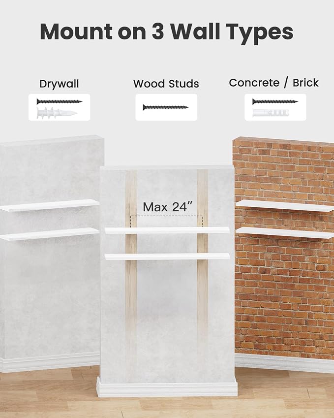 AMADA HOMEFURNISHING Floating Shelves Wall Mounted, 47 x 8 Inch Wall Shelves for Bathroom, Bedroom, Living Room, White Shelves Set of 2