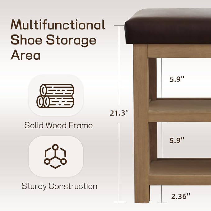 Zihanhome Shoe Rack Bench with Leather Cushion, 2 Tier Solid Wood Storage Bench, Mid-Century Modern Shoe Bench for Entryway, Hallway, Closet, Front Door Entrance, Foyer (Dark Brown, 46.5)