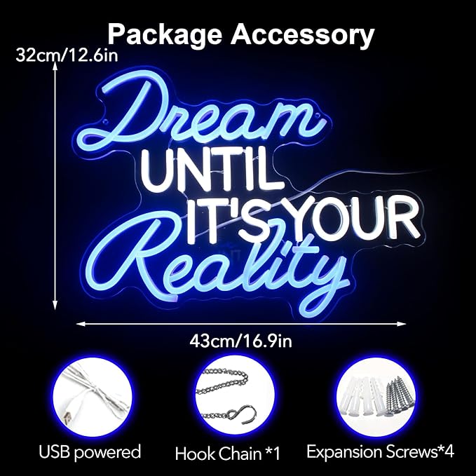 Dream Until Its Your Reality Neon Sign,16.9x12.6in 5V USB Decorfor Wall Decor, USB Powered Switch Neon Lights lighting adjustable for Office Room, Gym Room, Man Cave, Gamer Room,Classroom Decor