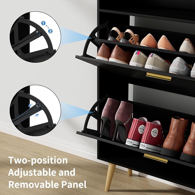 JOZZBY Shoe Cabinet for Entryway Slim Set of 2, Black Shoe Rack with 2 Flip Drawers and Top Storage, Hidden Shoe Storage Narrow Shoe Cabinet for Entryway, Hallway, Living Room