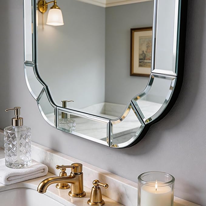 47.2" x 31.5" Large Entry Mirror, Wall Mounted Arched Mirror with Decorative Scalloped Beveled, Rounded Corner Wavy, Suitable for Bathroom, Dining Room, Living Room, Bedroom, Entryway