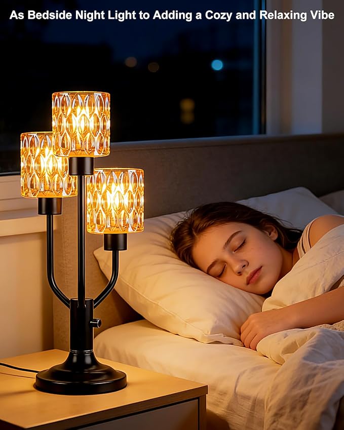 Lightdot Modern Glass Table Lamp Dimmable Mid Century Black Desk Lamp with Thickened Amber Glass 3 Bulbs Included 3000K Warmwhite Nightstand Lamp for Bedroom Bedside End Table
