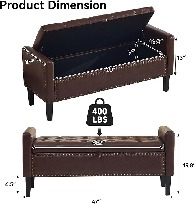 WUTUTUEE 47" Modern Water-Resistant Faux Leather Storage Ottoman Bench with Wooden Legs, Upholstered End of Bed Bench for Bedroom, Living Room or Entryway, Dark Brown