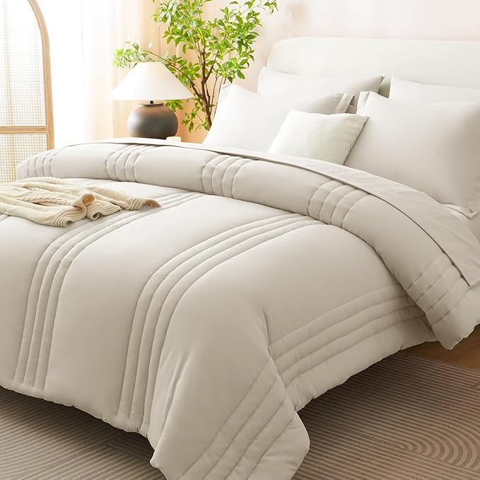 CozyLux Queen Size Comforter Sets - 7 Piece Bed in a Bag Beige Comforter Set with Sheets Luxury Queen Bed Set All Seasons, Soft Bedding Set with Down Alternative Comforter, Sheets, Pillowcases & Shams