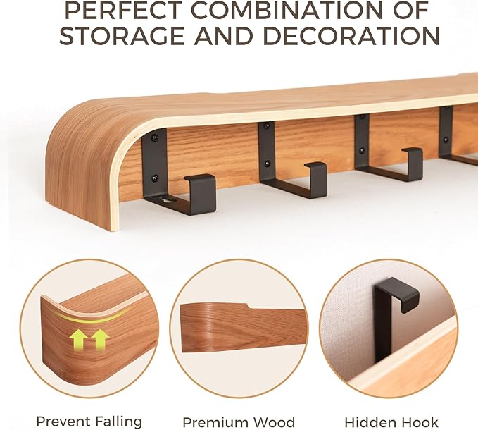Coat Rack Wall Mount with Shelf Entryway Shelf Modern Key Holder Hanger Wall Shelves with Hidden Hooks for Hanging Towels Coats Hats Bags for Hallway Bathroom Bedroom(Oak, 4 Hooks)