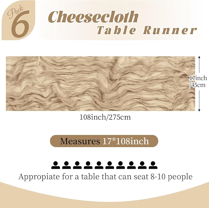 6 Pack Beige Cheesecloth Table Runner, 17 x 108 Inch, Gauze Cheese Cloth Table Runner Rustic Sheer Runner for Wedding Birthday Party Baby Shower Table Decor(Beige)
