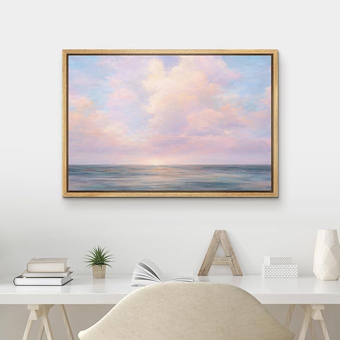 MUDECOR Framed Canvas Print Wall Art Serene Ocean Horizon with Soft Pink Clouds Illustrations Minimalism Decorative Bohemian Zen for Living Room, Bedroom, Office - 16"x24" NATURAL