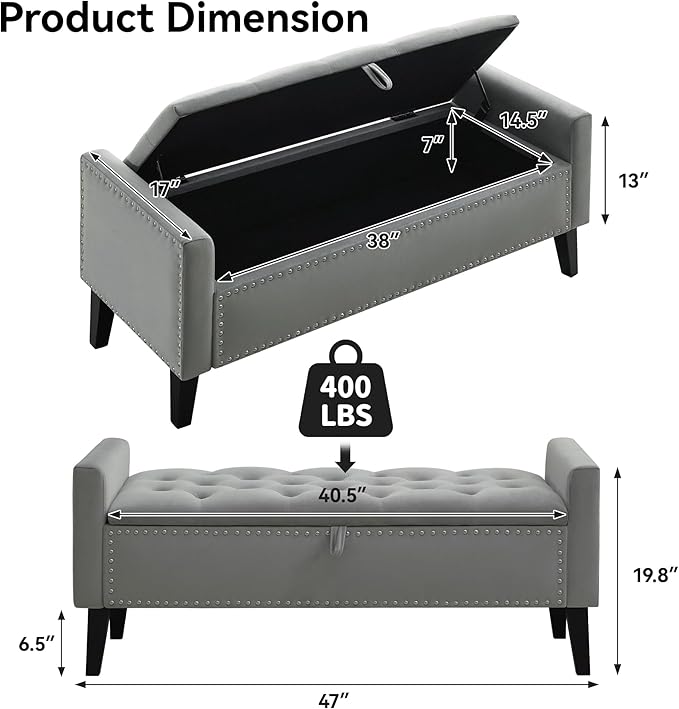 WUTUTUEE 47" Velvet Storage Bench, Upholstered Bed Bench with Storage, End of Bed Ottoman with Wooden Legs,Bedside Storage Bench for Bedroom, Living Room, or Entryway, Dark Grey