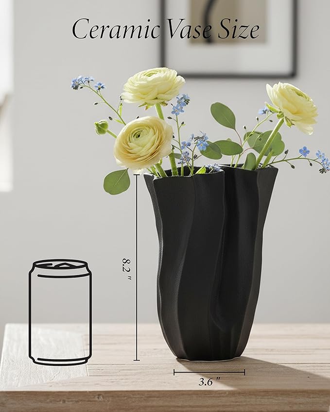 Black Matte Ceramic Vase, OOSTONEE Organic Flower Shape Unique Flower Vase, Nordic Modern Boho Decorative Style, Must-Have for Shelf, Home, Living Room, Bookshelf Decor, Coffee Table Centerpiece