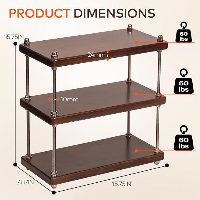 Ultra-Thick 24mm Solid Wood Coffee Station Organizer&Spice Rack for Kitchen Countertop, Corner Industrial 3-Tier Adjustable Shelf with 10mm 304 Thread Rods for Espresso Gear, Walnut Finish
